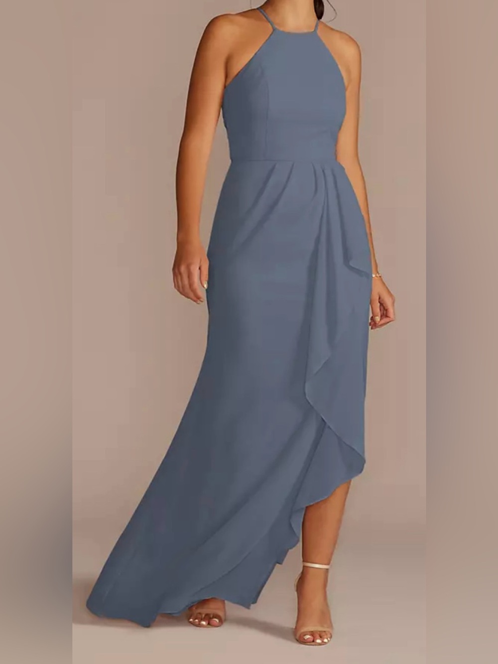 David’s Bridal Women’s Size 12 High-Neck Chiffon Bridesmaid Dress Steel Blue